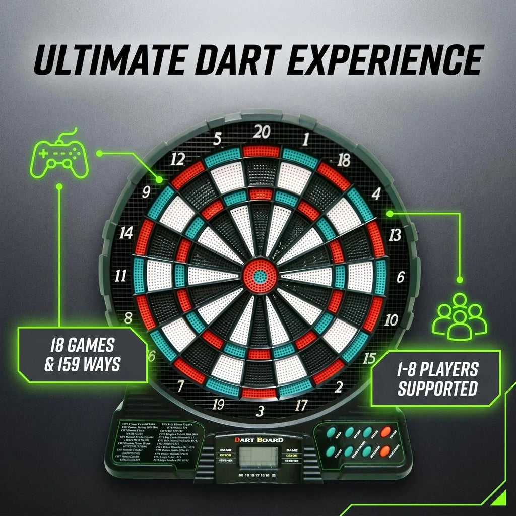 Electronic Dart Board Set - 18 Games 159 Option 1-8 Players, LED Score Display with 6Pcs Plastic Darts, without Battery