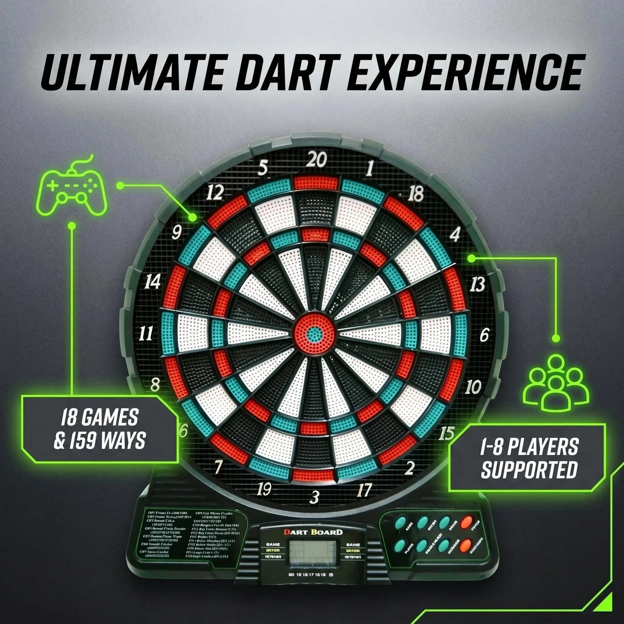 Electronic Dart Board Set - 18 Games 159 Option 1-8 Players, LED Score Display with 6Pcs Plastic Darts, without Battery